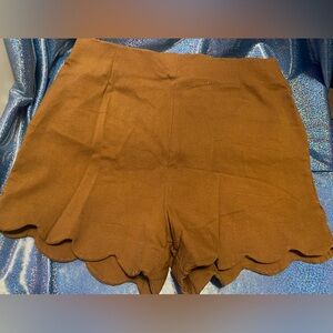 Camel Brown Scalloped Hem Women Shorts